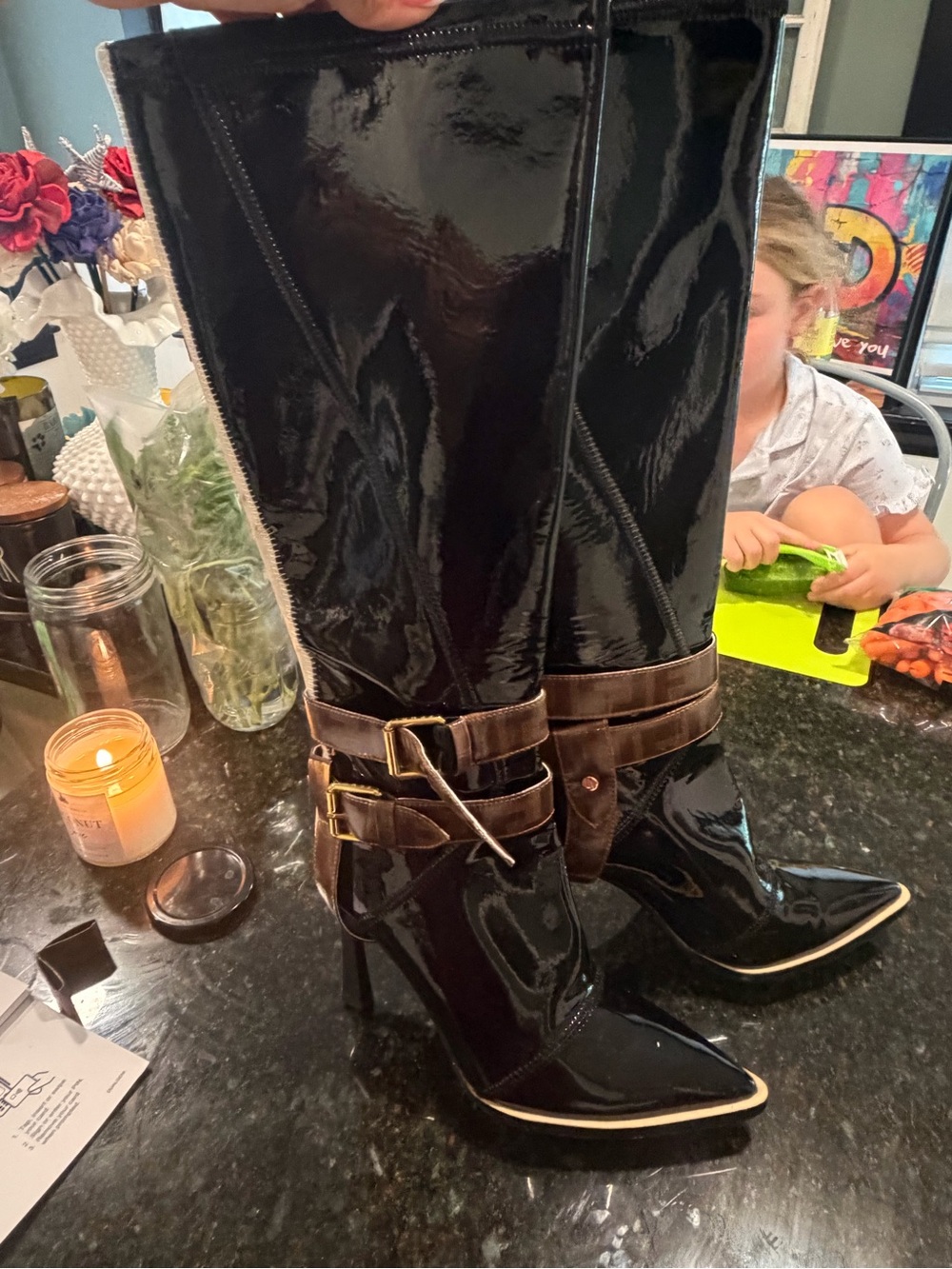 Fendi Black Patent Knee-High Stiletto Boots with Brown Strap Accents